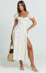 Imani Midi Dress - Puff Sleeve Square Neck Circle Skirt Dress in Cream