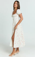 Imani Midi Dress - Puff Sleeve Square Neck Circle Skirt Dress in Cream