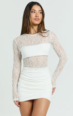 Imelda Mini Dress - Contrast Lace Long Sleeve Ruched Bodycon Dress in Cream