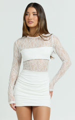 Imelda Mini Dress - Contrast Lace Long Sleeve Ruched Bodycon Dress in Cream
