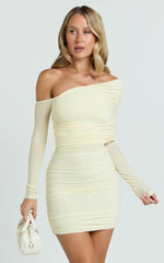Imelda Mini Dress - Tipped Off Shoulder Long Sleeve Ruched Fitted Skirt Dress in Lemon