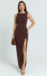 Indi Maxi Dress - Boat Neck Bodycon Dress in Chocolate