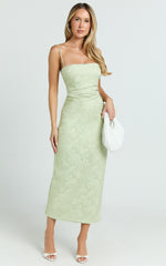 Indiana Midi Dress - Jacquard Square Neck Lace Back Fitted Dress in Green
