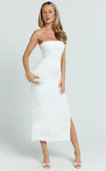 Indiana Midi Dress - Jacquard Square Neck Lace Back Fitted Dress in White