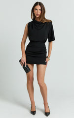 Indiana Mini Dress - High Cowl Neck Asymmetric Sleeve Fitted Skirt Dress in Black Midnight