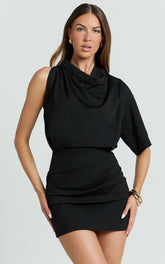 Indiana Mini Dress - High Cowl Neck Asymmetric Sleeve Fitted Skirt Dress in Black Midnight