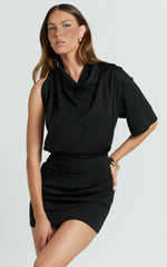 Indiana Mini Dress - High Cowl Neck Asymmetric Sleeve Fitted Skirt Dress in Black Midnight