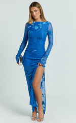 Inez Maxi Dress - Boat Neck Long Sleeve Ruched Dress in Blue