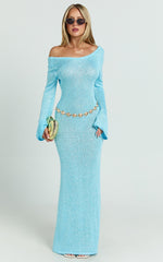 Inez Maxi Dress - High Neck Long Sleeve Scoop Back Sequin Open Knit Column Dress in Light Blue