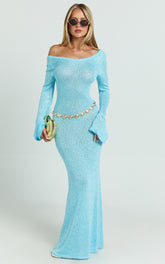 Inez Maxi Dress - High Neck Long Sleeve Scoop Back Sequin Open Knit Column Dress in Light Blue