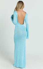 Inez Maxi Dress - High Neck Long Sleeve Scoop Back Sequin Open Knit Column Dress in Light Blue
