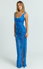 Inez Maxi Dress - Scoop Neck Gathered Front Split Dress in Blue