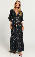 Inka Midi Dress - Short Sleeve Button Down Dress in Black Flower Field
