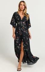 Inka Midi Dress - Short Sleeve Button Down Dress in Black Flower Field