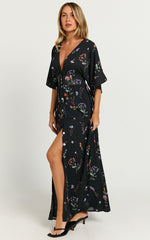 Inka Midi Dress - Short Sleeve Button Down Dress in Black Flower Field