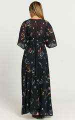 Inka Midi Dress - Short Sleeve Button Down Dress in Black Flower Field