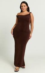 Isabel Midi Dress - Twist Off Shoulder Bodycon Dress in Chocolate