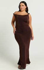 Isabel Midi Dress - Twist Off Shoulder Bodycon Dress in Chocolate