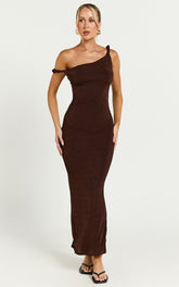 Isabel Midi Dress - Twist Off Shoulder Bodycon Dress in Chocolate