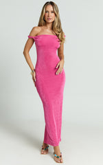 Isabel Midi Dress - Twist Off Shoulder Bodycon Dress in Pink