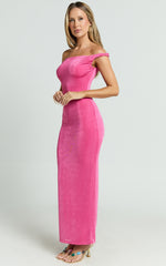 Isabel Midi Dress - Twist Off Shoulder Bodycon Dress in Pink