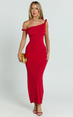 Isabel Midi Dress - Twist Off Shoulder Bodycon Dress in Red