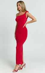 Isabel Midi Dress - Twist Off Shoulder Bodycon Dress in Red