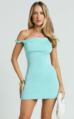 Isabel Mini Dress - Twist Off Shoulder Bodycon Dress in Blue