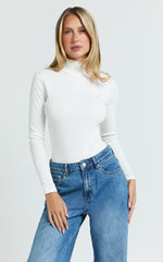 Isabela Bodysuit - High Neck Long Sleeve Ribbed Bodysuit in White