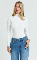 Isabela Bodysuit - High Neck Long Sleeve Ribbed Bodysuit in White