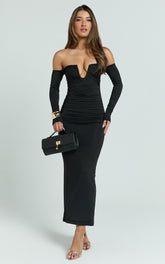 Isabelle Maxi Dress - Ruche Front Deep U Off Shoulder Fitted Dress in Black
