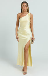 Isla Maxi Dress - Satin One Shoulder Side Split Dress in Lemon