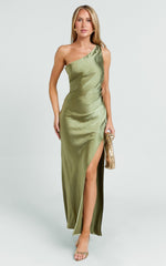 Isla Maxi Dress - Satin One Shoulder Side Split Dress in Olive