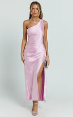 Isla Maxi Dress - Satin One Shoulder Side Split Dress in Pink