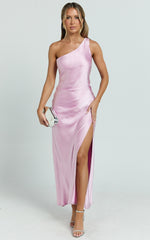 Isla Maxi Dress - Satin One Shoulder Side Split Dress in Pink