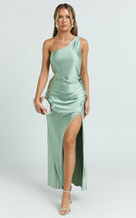 Isla Maxi Dress - Satin One Shoulder Side Split Dress in Sage
