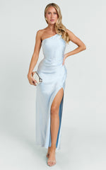Isla Maxi Dress - Satin One Shoulder Side Split Dress in Sky Blue
