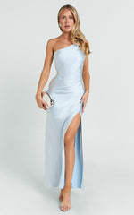 Isla Maxi Dress - Satin One Shoulder Side Split Dress in Sky Blue
