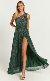 Isra Maxi Dress - Lurex Slit Cut Out One Shoulder Dress in Emerald