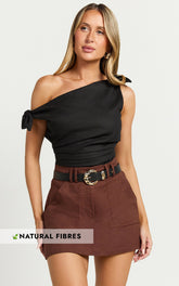 Ivy Top - Linen Off Shoulder Tie Top in Black