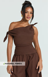 Ivy Top - Linen Off Shoulder Tie Top in Chocolate