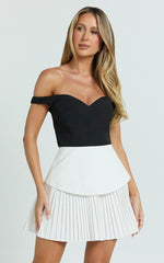 Izara Mini Dress - Off Shoulder Pleated Dress in Black/White