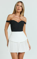 Izara Mini Dress - Off Shoulder Pleated Dress in Black/White