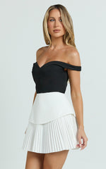 Izara Mini Dress - Off Shoulder Pleated Dress in Black/White