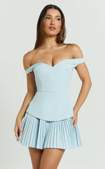 Izara Mini Dress - Off Shoulder Pleated Dress in Blue