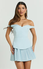 Izara Mini Dress - Off Shoulder Pleated Dress in Blue