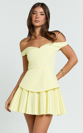 Izara Mini Dress - Off Shoulder Pleated Dress in Lemon