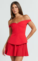 Izara Mini Dress - Off Shoulder Pleated Dress in Red