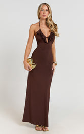 Izira Maxi Dress - Jersey Plunge Keyhole Bodycon Dress in Chocolate