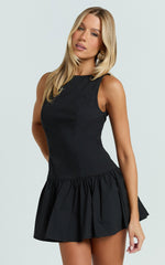 Izira Mini Dress - Boat Neck Drop Waist Shift Dress in Black